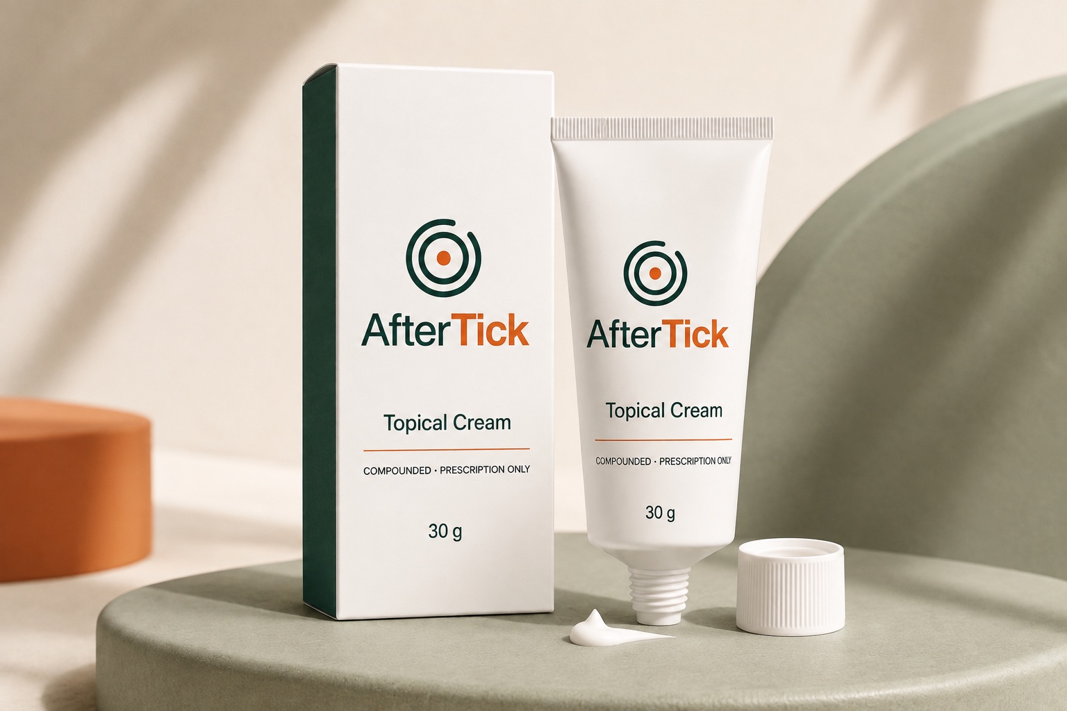 AfterTick Topical Cream 30 g carton and open tube with a small dab of cream